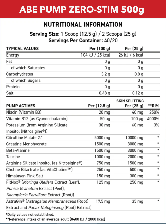 Informations nutritionnelles - ABE Pump - Tigers Blood