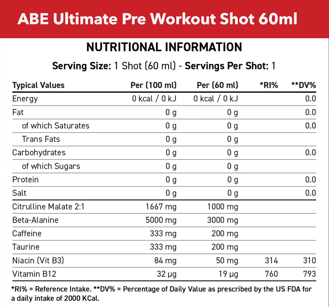 Informations nutritionnelles - ABE Shot - Pack de 12 - Fruit Candy