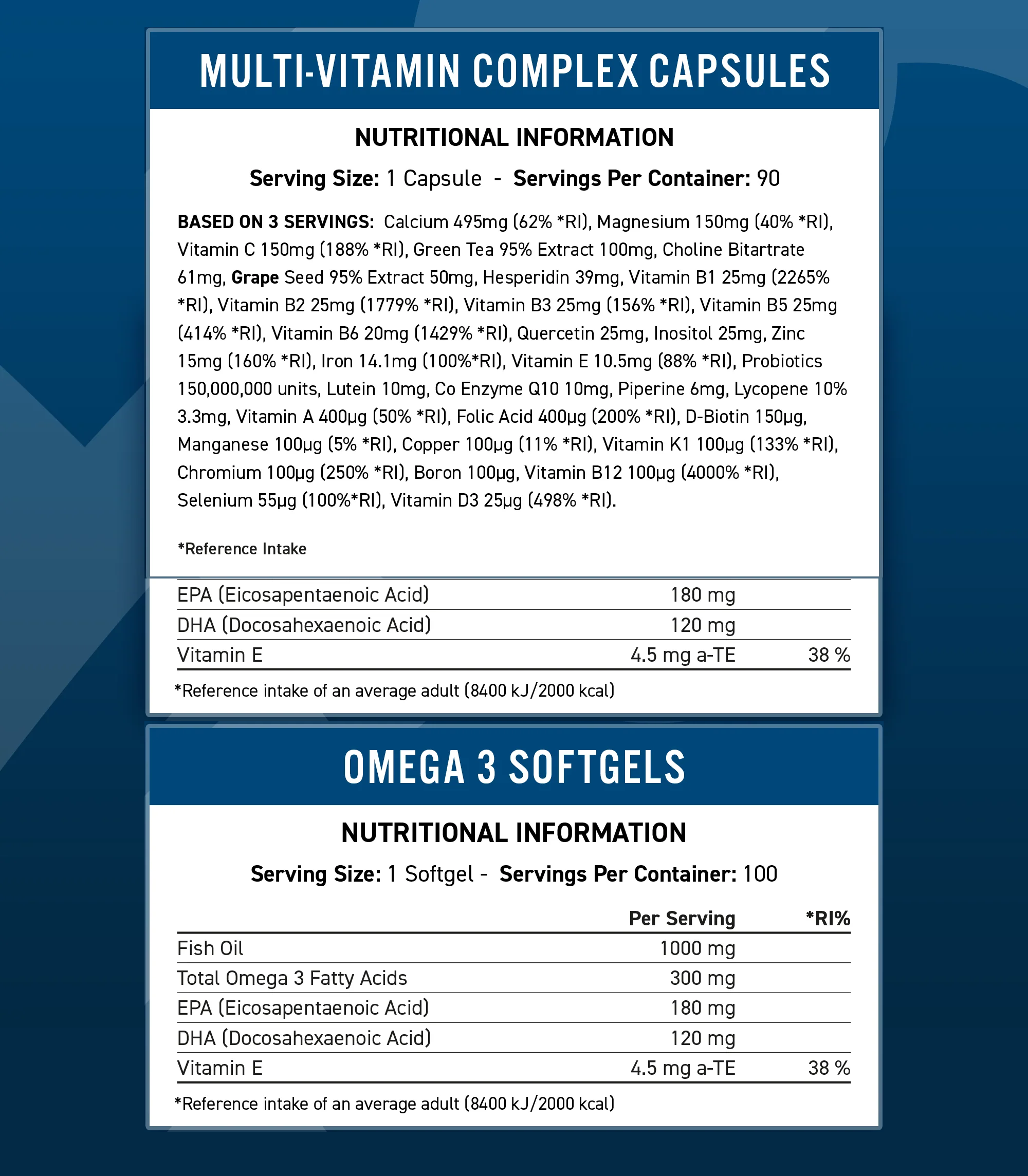 Informations nutritionnelles - Multivitamines + Omega 3 & Vitamine E