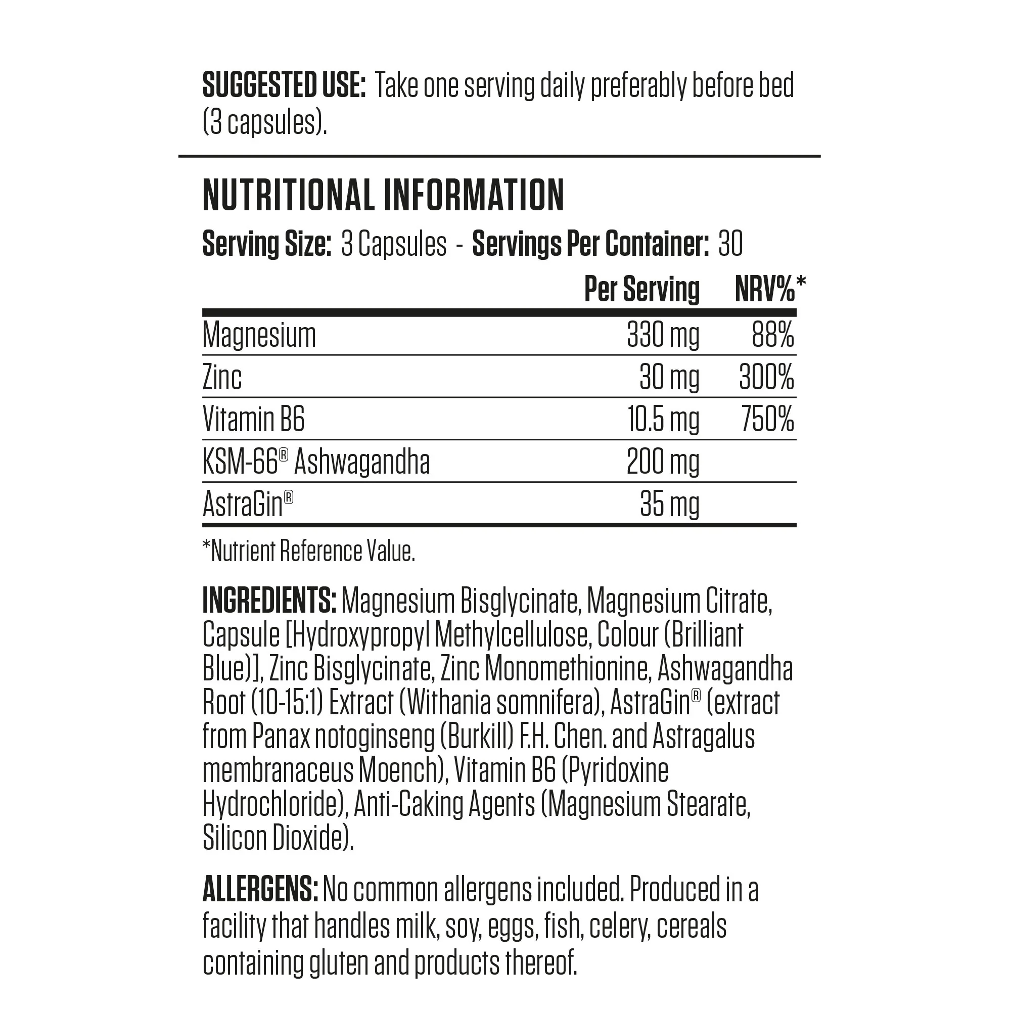 Informations nutritionnelles - ZMA (Zinc, Magnesium & Vitamin B6)
